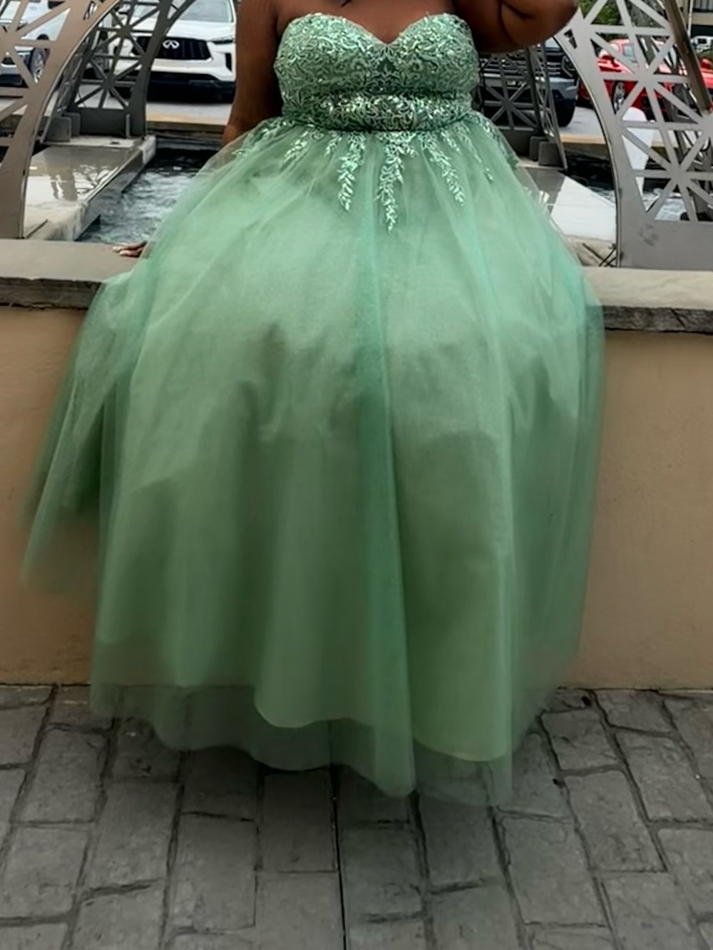 Green Beaded Strapless Tulle Ball Gown